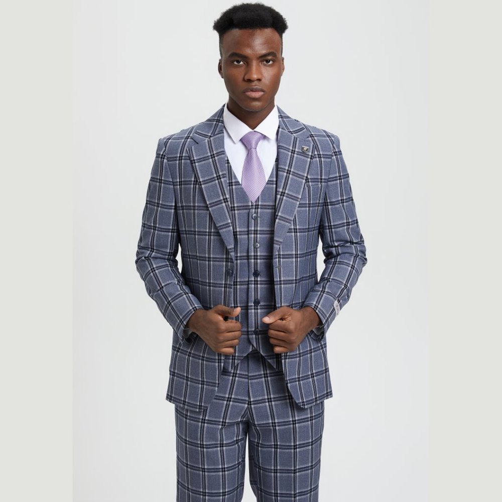 Stacy Adams Windowed Plaid 3pc Mens Suit, Stoned Blue - Picture 5 of 7